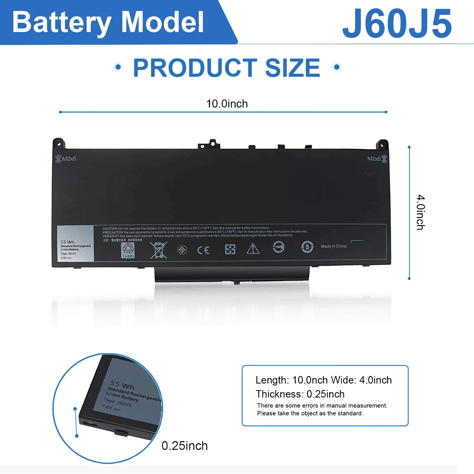 J60J5 Battery For Dell Latitude E7270 242WD P26S001 E7470 P61G001 MC34Y