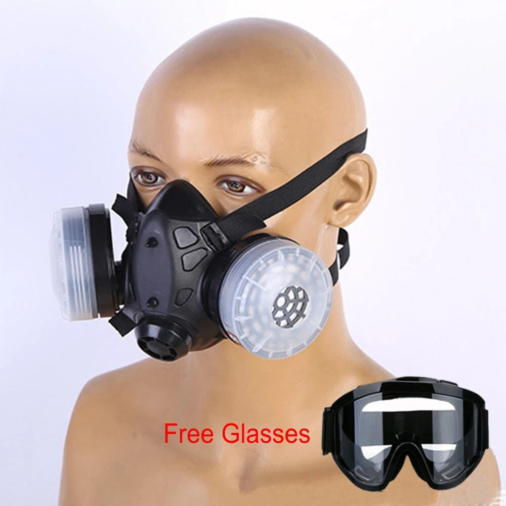 Half Face Gas Mask Dual Filters Respirator with Glasses for Painting Sanding
