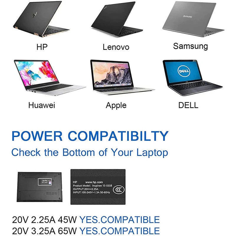 65W Type-C USB-C Laptop Adapter Charger for Dell Lenovo HP ASUS Acer OEM Replace