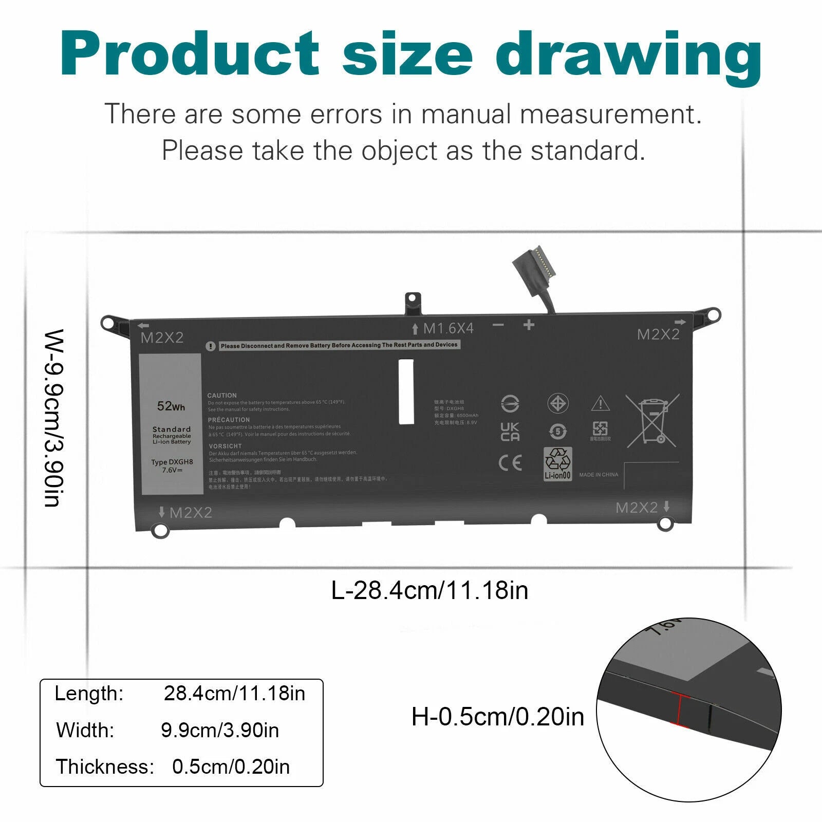 DXGH8 Laptop Battery For Dell XPS 13 9370 Series H754V 0V48RM V48RM HK6N5 52Wh