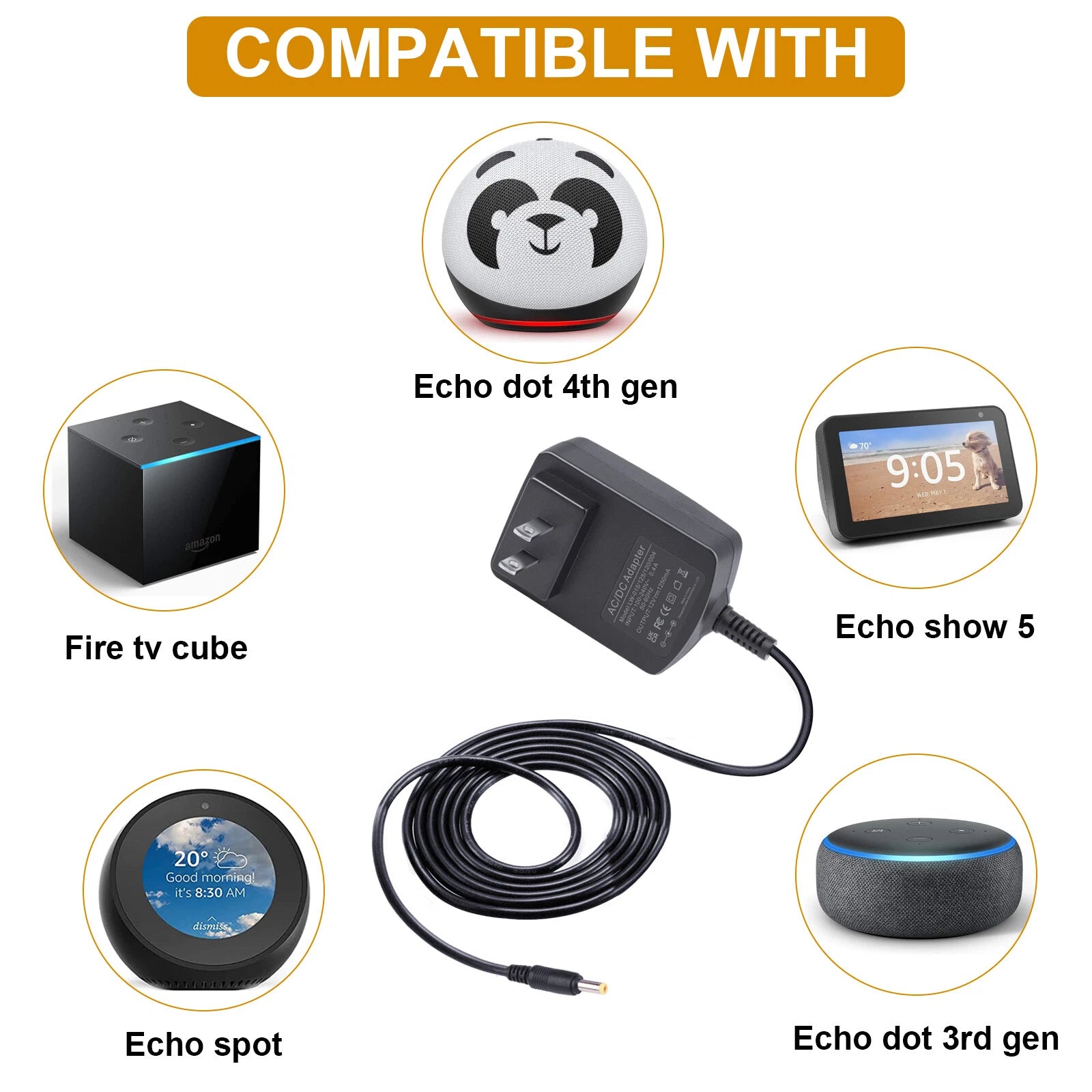 Replacement Power Adapter for Alexa Spot Echo Dot (3rd Gen), Show 5 Fire TV Cube