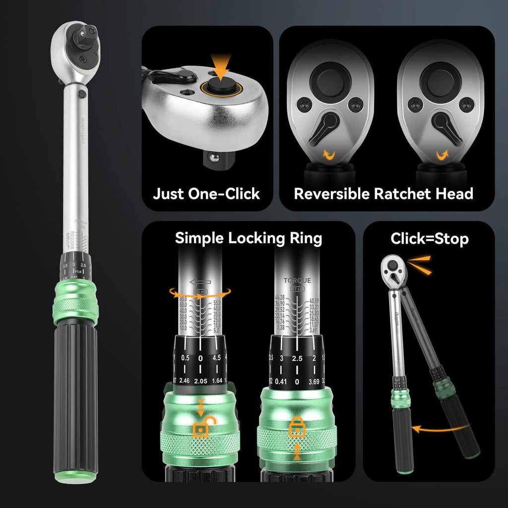 ?Set of 3- 1/4" 3/8" 1/2" Drive Click Type Torque Wrench Snap Socket Reversible