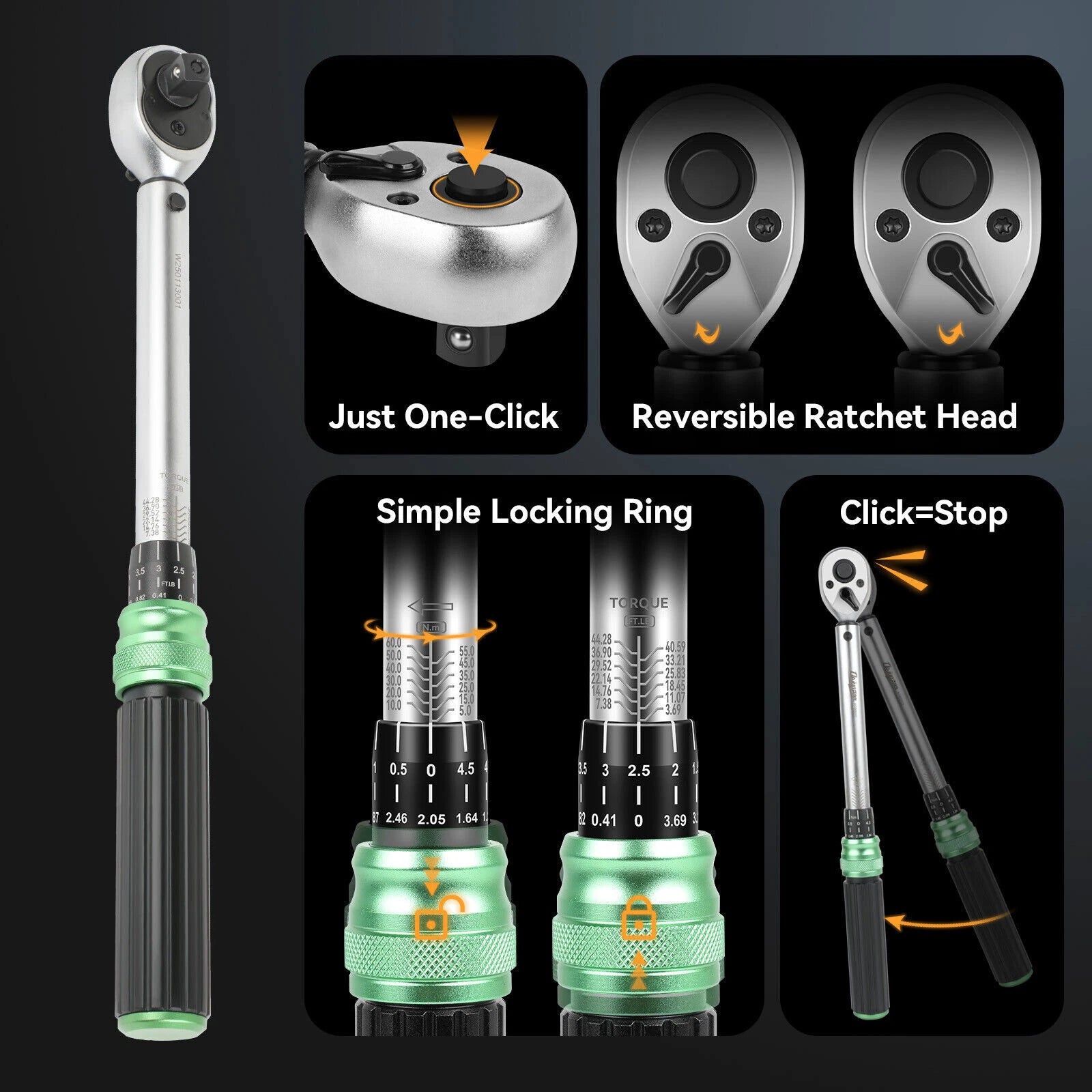 ?Set of 3- 1/4" 3/8" 1/2" Drive Click Type Torque Wrench Snap Socket Reversible