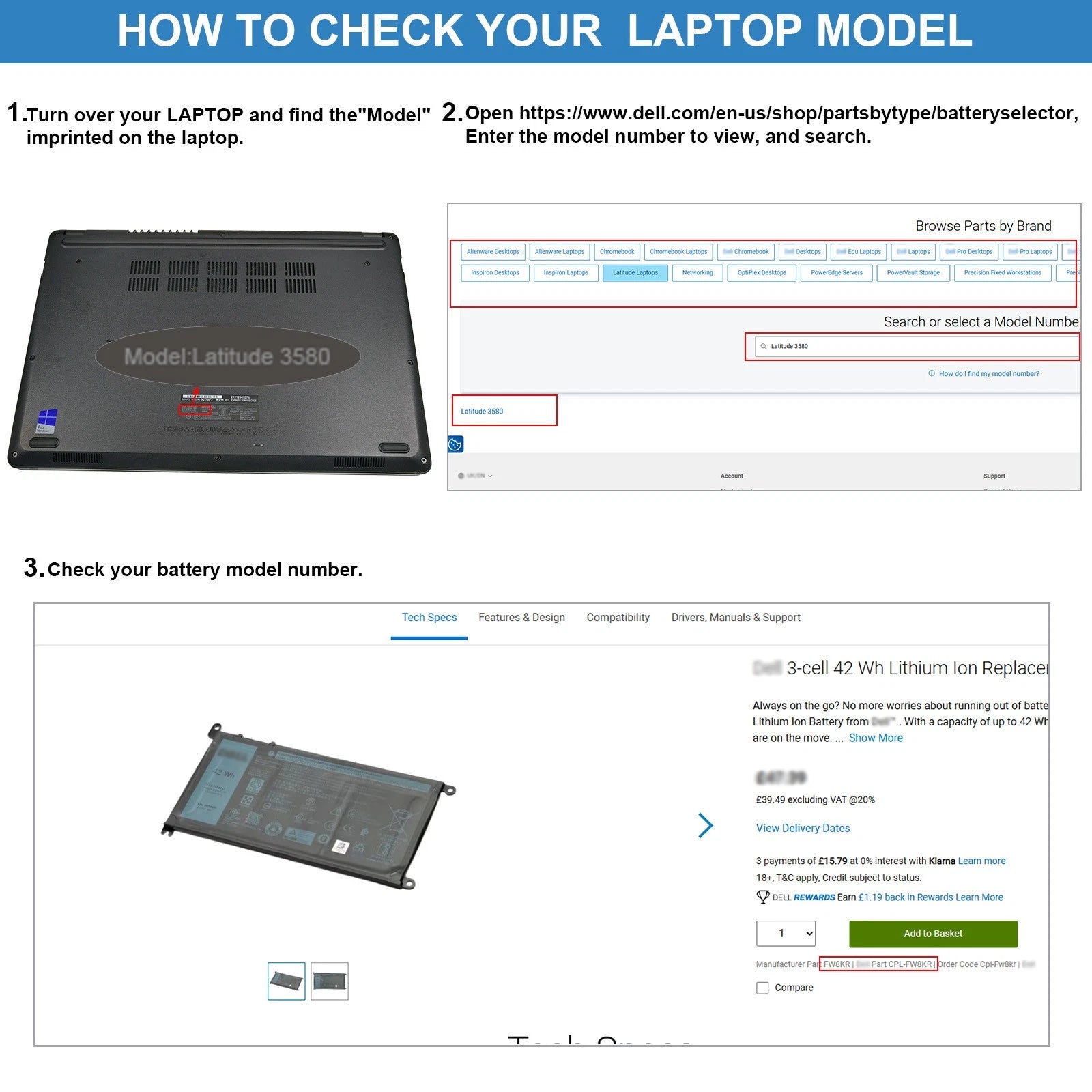 WDXOR WDX0R Replacement Battery for Dell Inspiron 15-5567 5568 14-7460 P58F 42WH