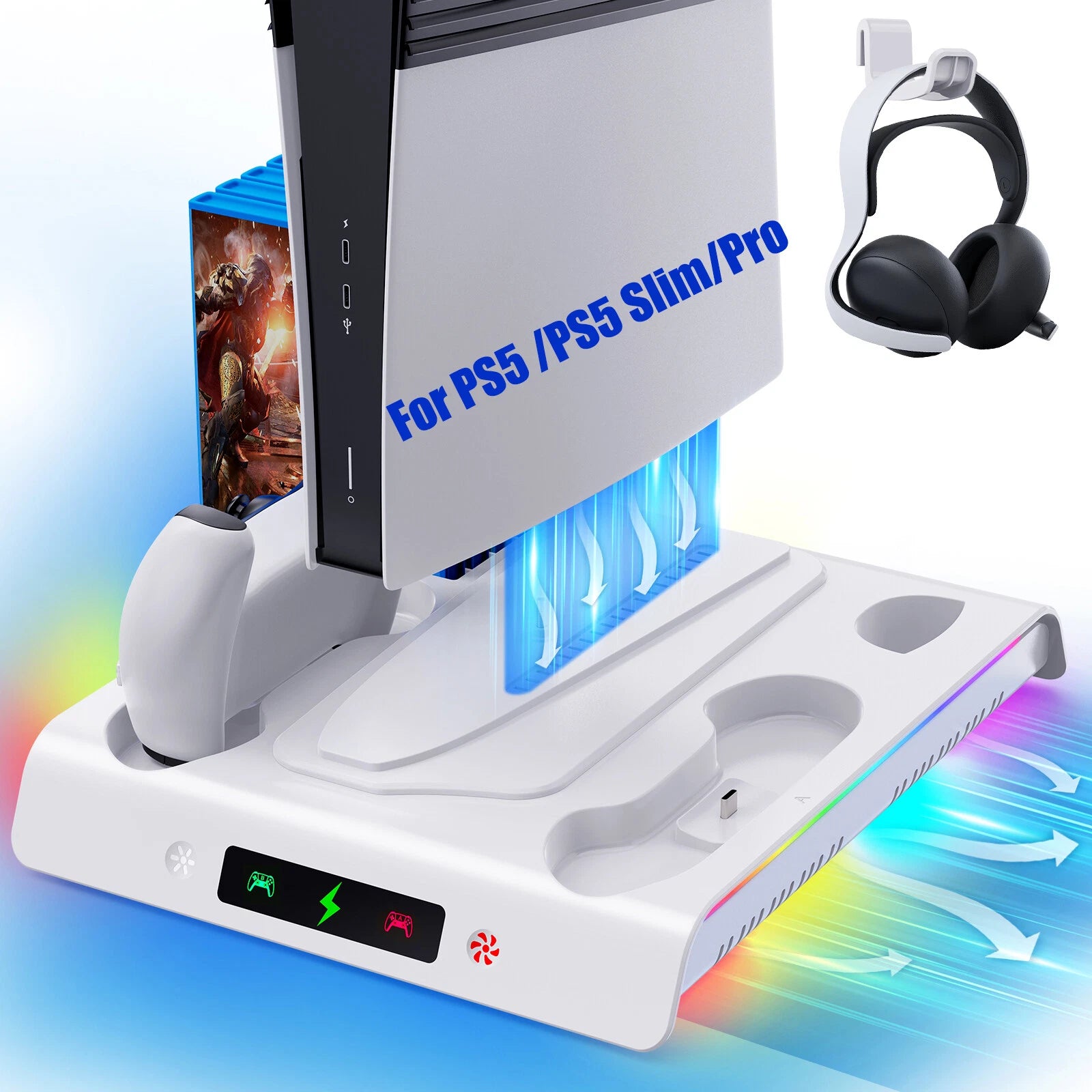 Stand Cooling Fan Controller Dual Charger Station For PlayStation 5 PS5 Slim/Pro