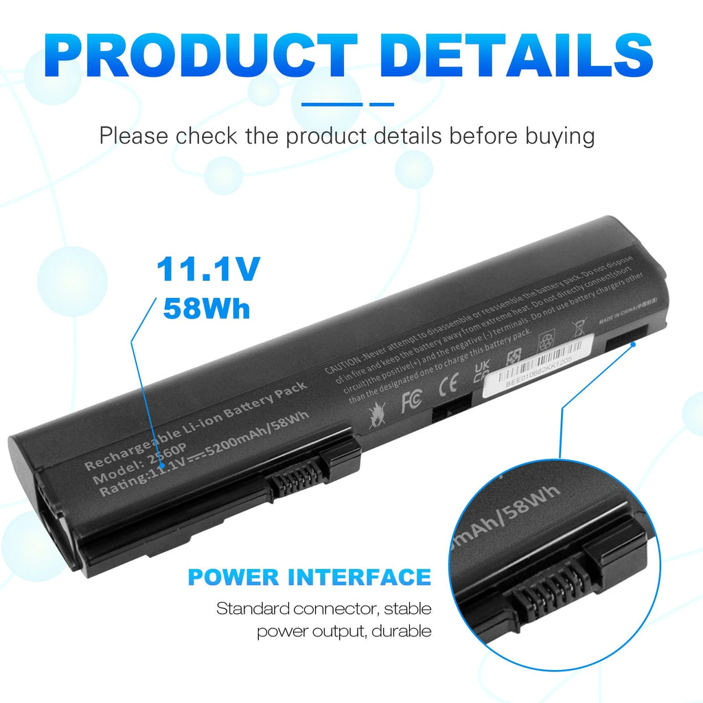 6 Cell Laptop Battery For HP Elitebook HP EliteBook 2560p Series, 2570p Series