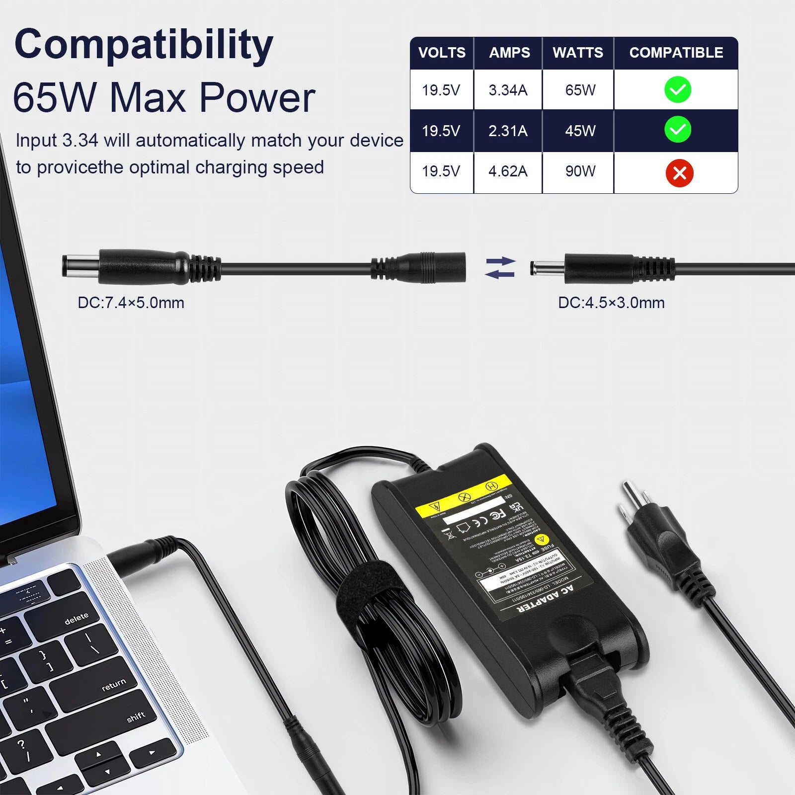 65W Adapter Charger For Dell-Inspiron 15-3000 15-5000 15-7000 Series 4.5mm/7.4mm