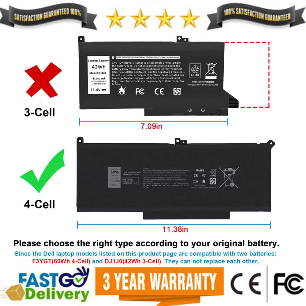 60Wh Battery for Dell Latitude 12 13 14 7000 E7280 E7290 E7380 E7390 E7480 E7490