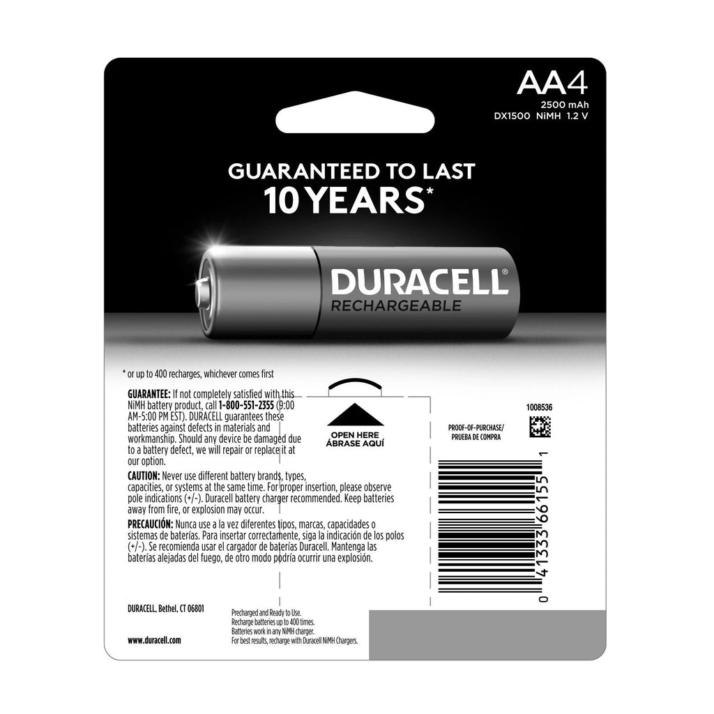 4 Duracell AA Rechargeable NiMH Batteries (2500 mAh, DX1500)