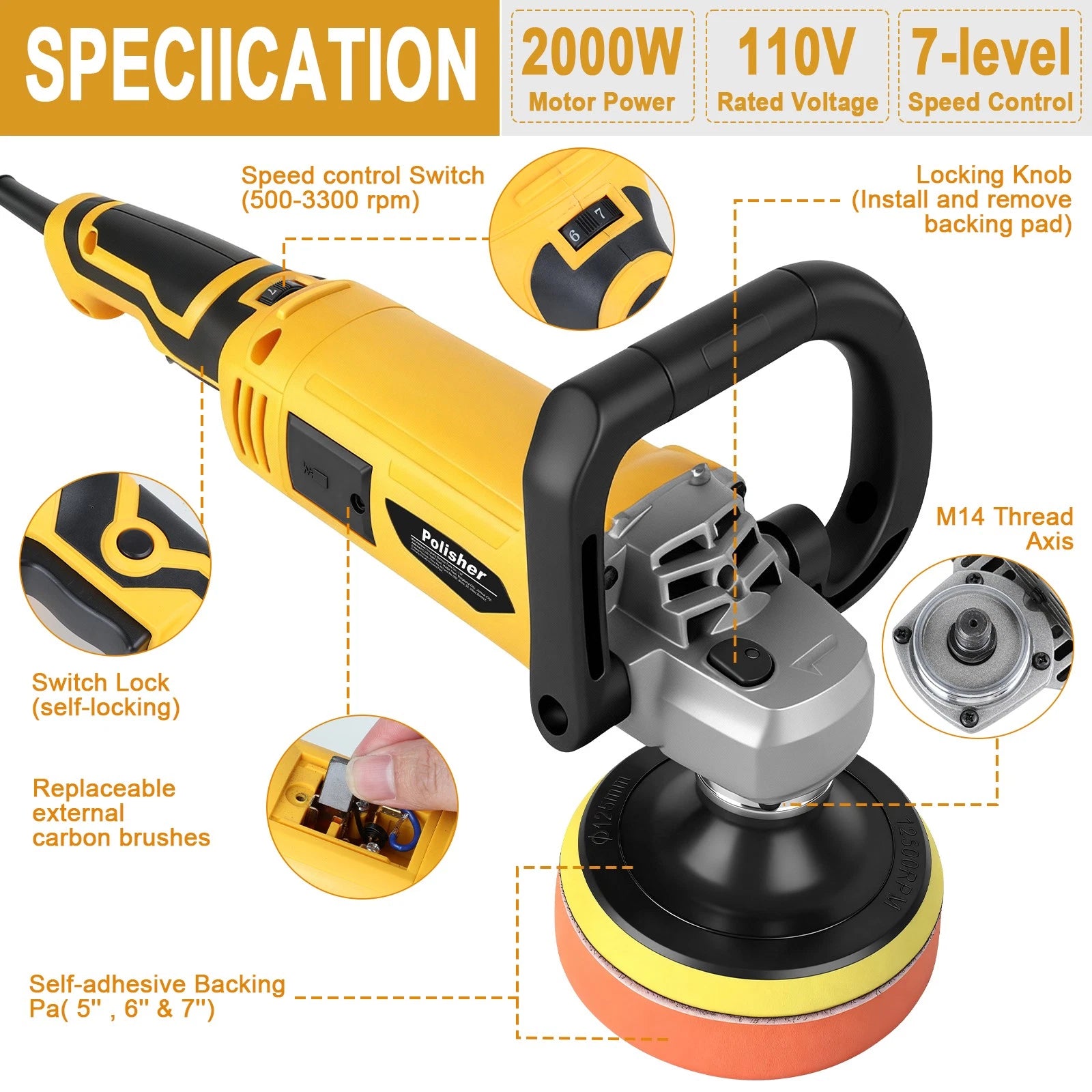 ??2000W Electric Car Polisher Buffer Sander Waxer Kit Variable 7-Speed W/ Pads