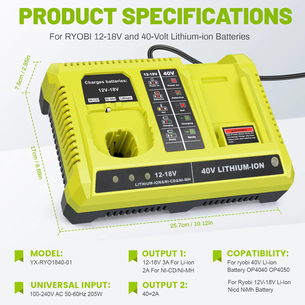 P117 Fast Charger For RYOBI For One+ Plus P108 12V 18V 40V Lithium-Ion Battery