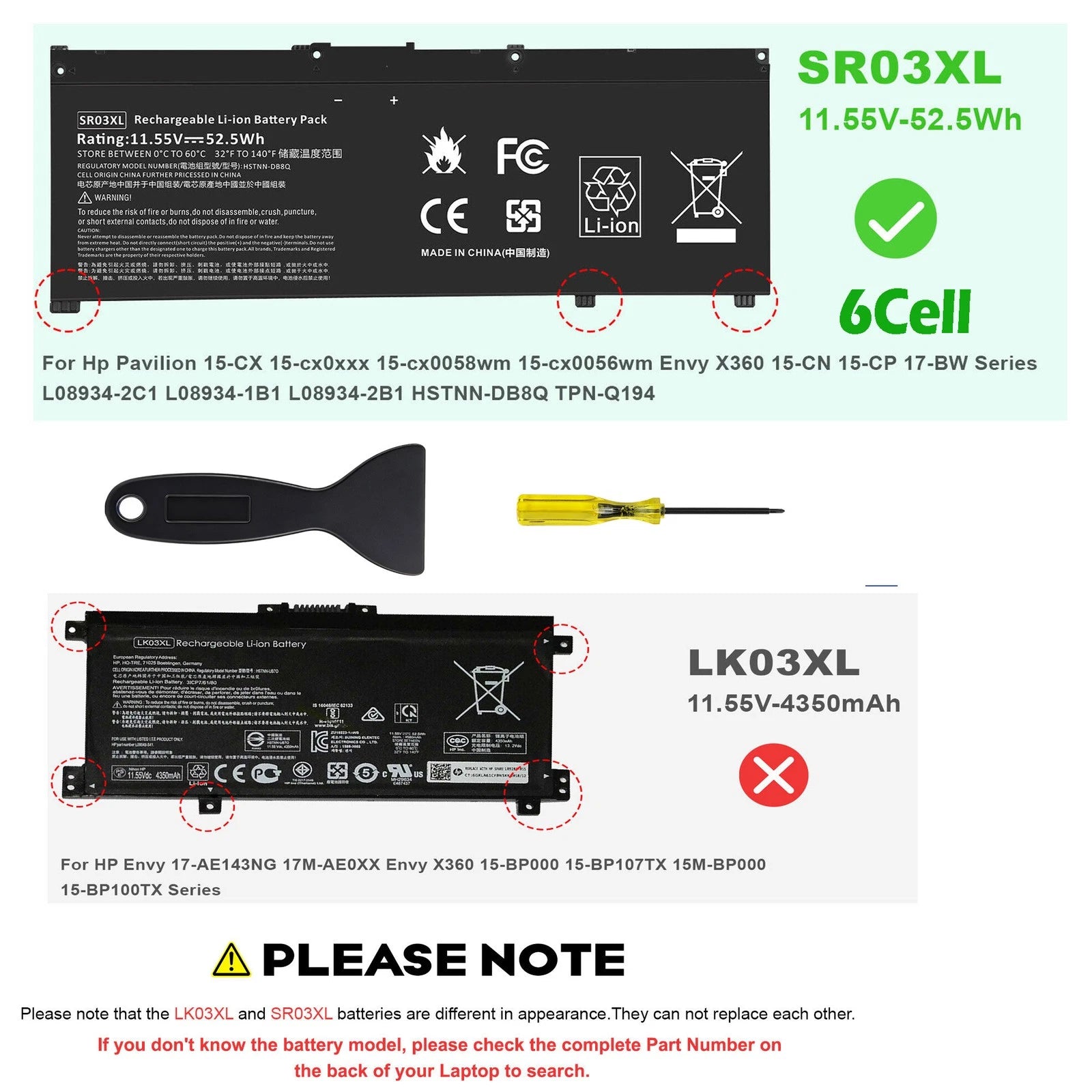 LOT SR03XL Battery For HP Envy 17-bw Pavilion 15-cx x360 15-cn L08855-855 52.5Wh