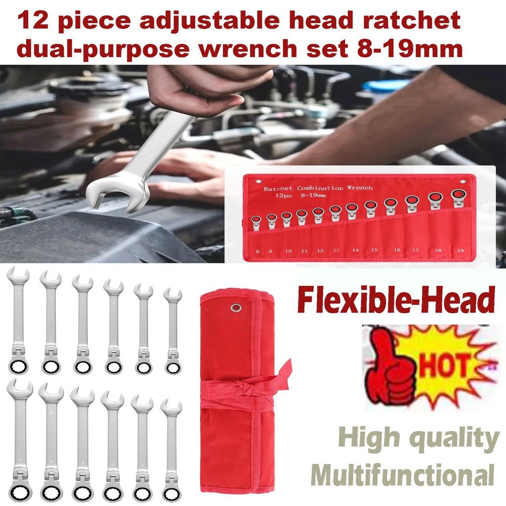 12Pc Metric Flexible Head Ratcheting Spanner Wrench Tool Set 8-19mm+Roll Bag2026