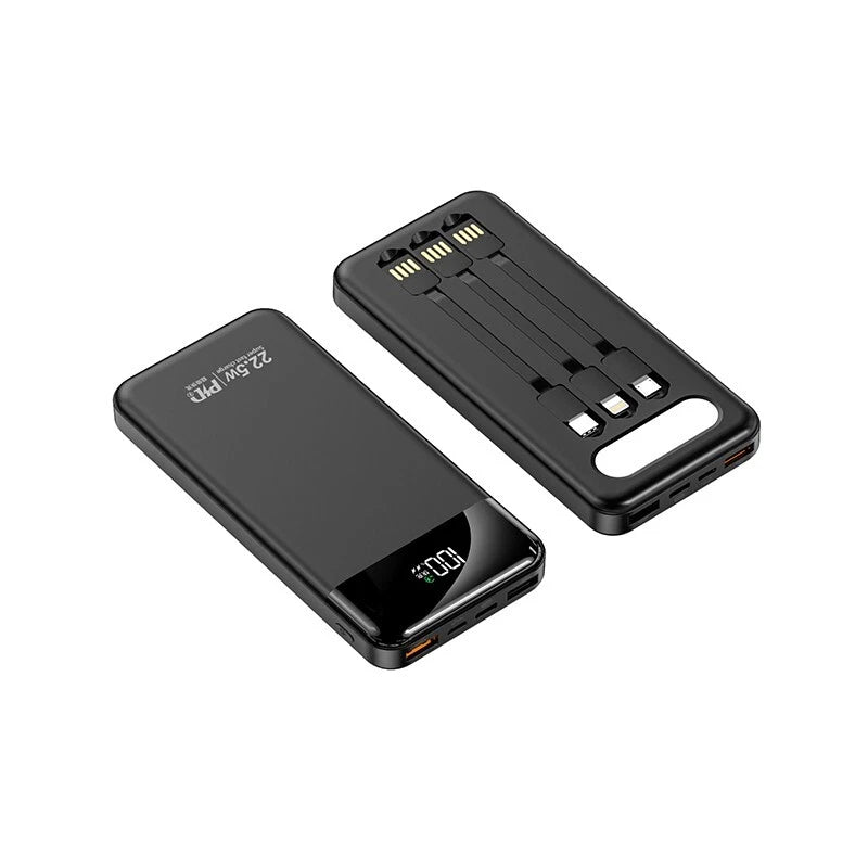 Portable Power Bank 10000mAh Fast Charging Battery with 3 Built in Cable BLK/WHT