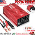 500W 1000W Power Inverter DC 12V to AC 110V 120V Adapter Converter Car Plug 2USB