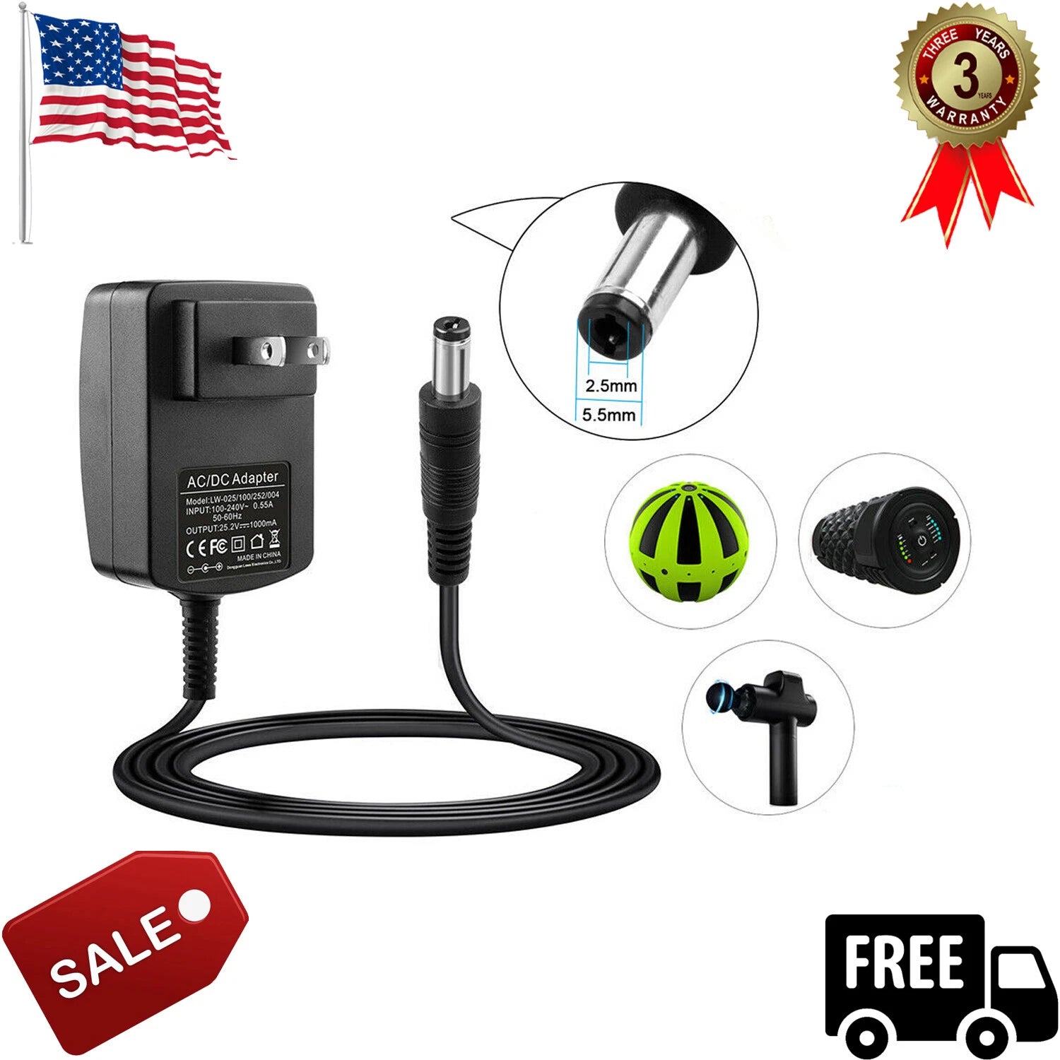 Massage Gun Charger AC/DC 24V-25.2V Adapter For 24V Muscle Deep Tissue Massage