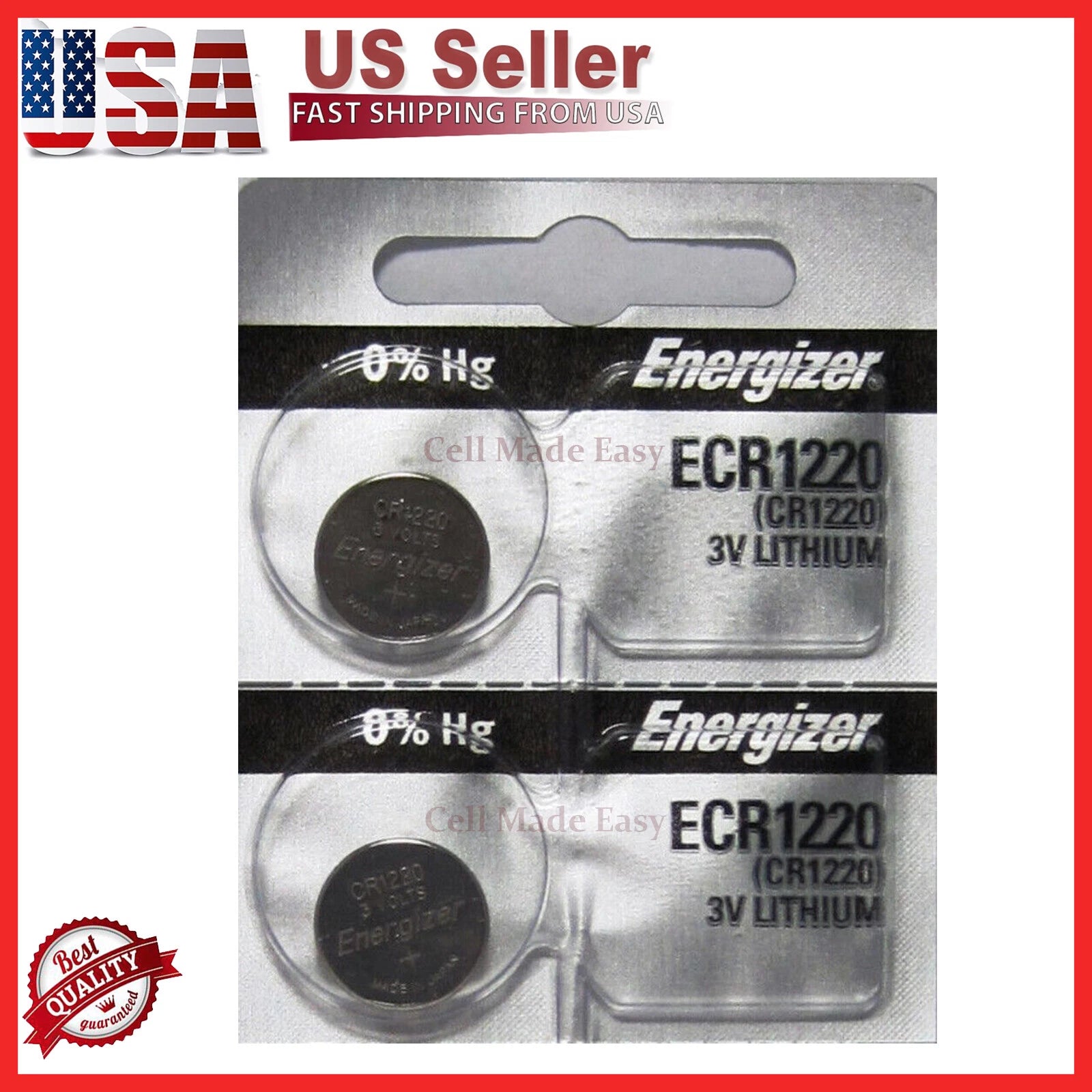 2 piece Energizer ECR1220 CR1220 DL1220 Lithium 3V1220 Coin Cell Battery BR1220
