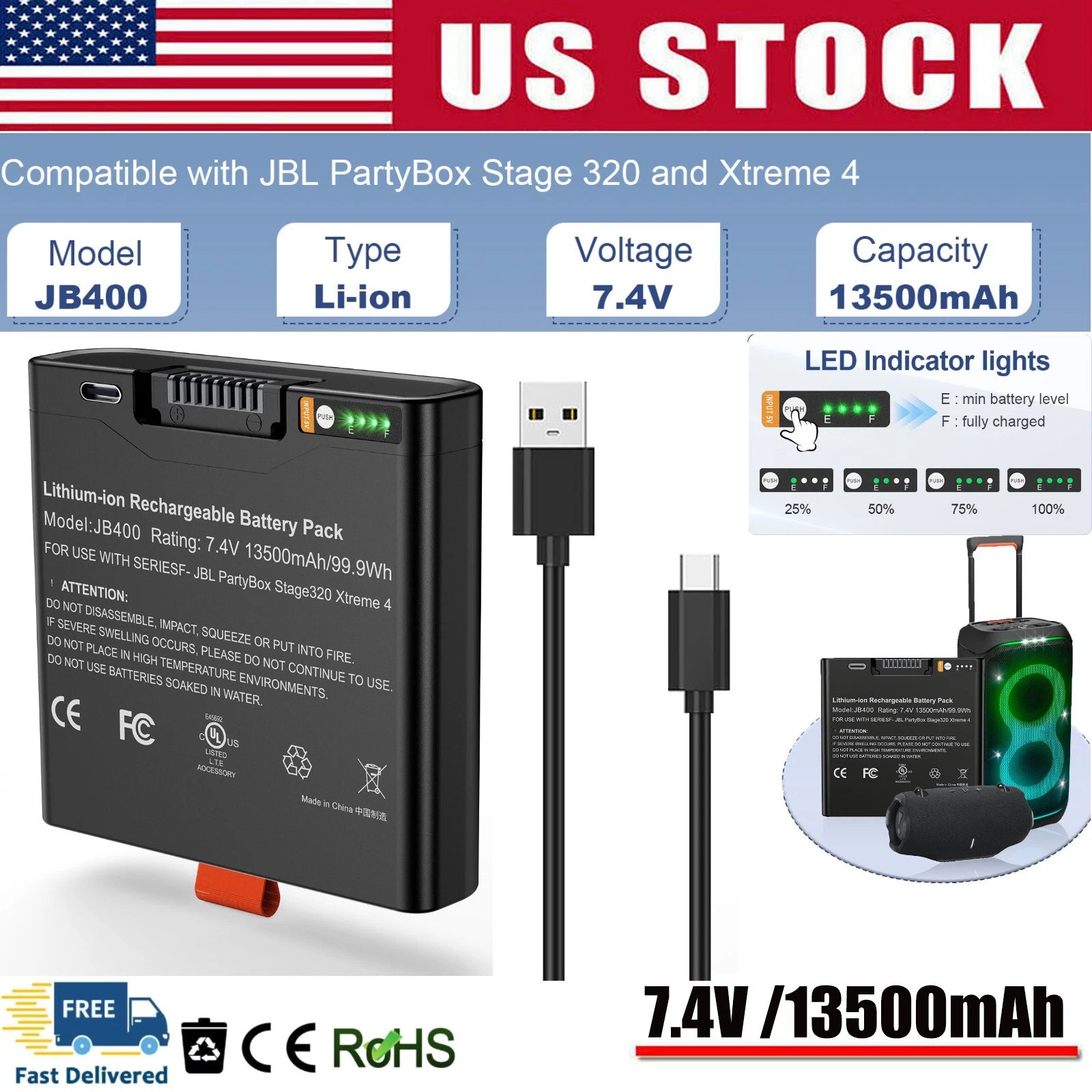 ?Portable Battery For JBL PartyBox Stage 320 and Xtreme 4 Fast Charge 13500mAh