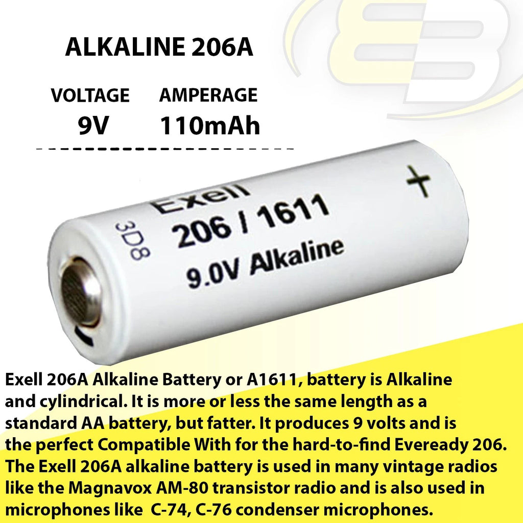 Exell 206A Alkaline 9V 110mAh Battery NEDA 1611 Compatible With ER-206, H-7D