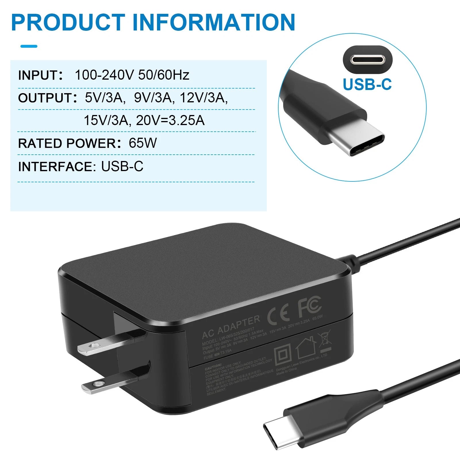 65W Power Laptop Charger USB C Type C for HP Chromebook Lenovo/Acer/Asus/Samsung