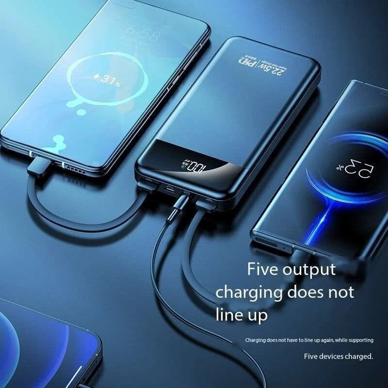 Portable Power Bank 10000mAh Fast Charging Battery with 3 Built in Cable BLK/WHT
