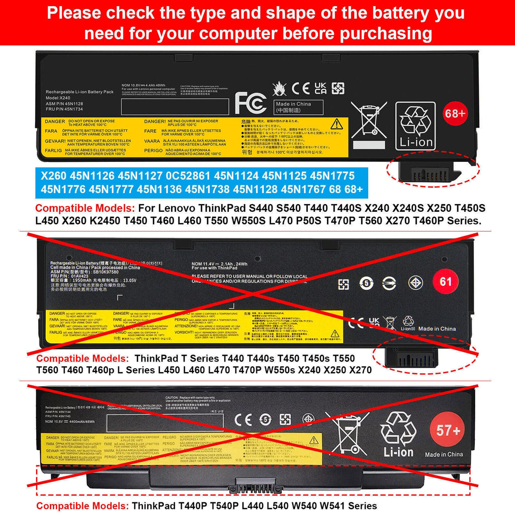68+ Battery for Lenovo ThinkPad X240 X250 X260 T440 T440S T450 45N1134 45N1776