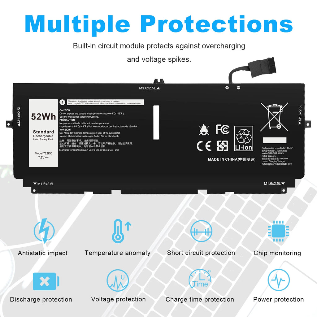 722KK Battery For Dell XPS 13 9300 2020 i5 FHD XPS 13 9310 2XXFW FP86V 52Wh 7.6V