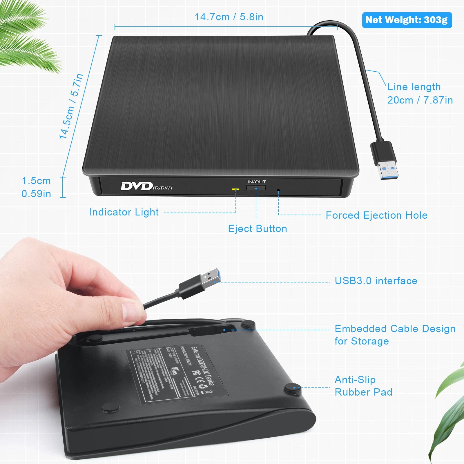 Slim External CD/DVD Drive USB 3.0 Player Burner Writer for Laptop PC Mac HP