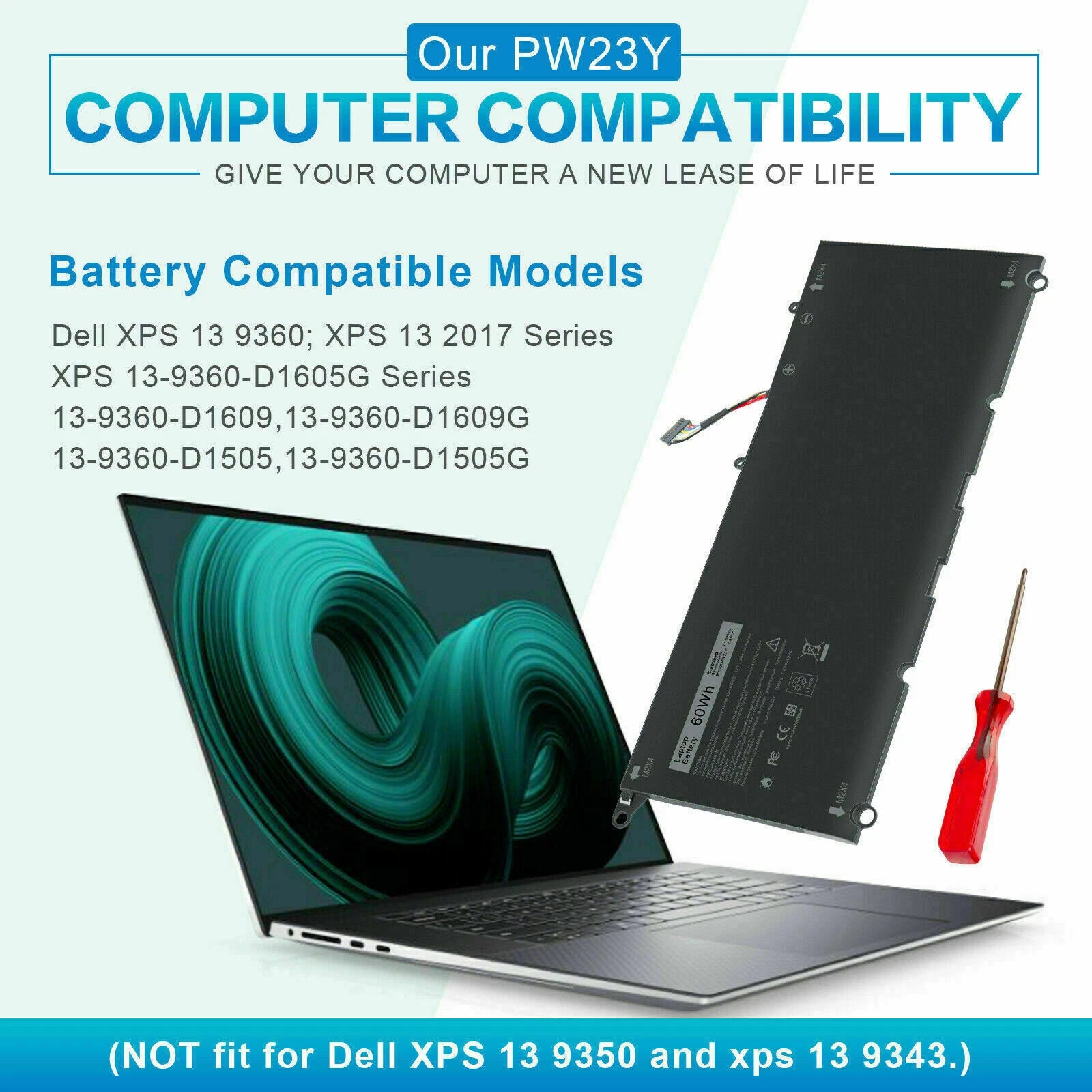 PW23Y Battery for Dell XPS 13 9360 Series 0RNP72 0TP1GT RNP72 TP1GT 60Wh 7.6V