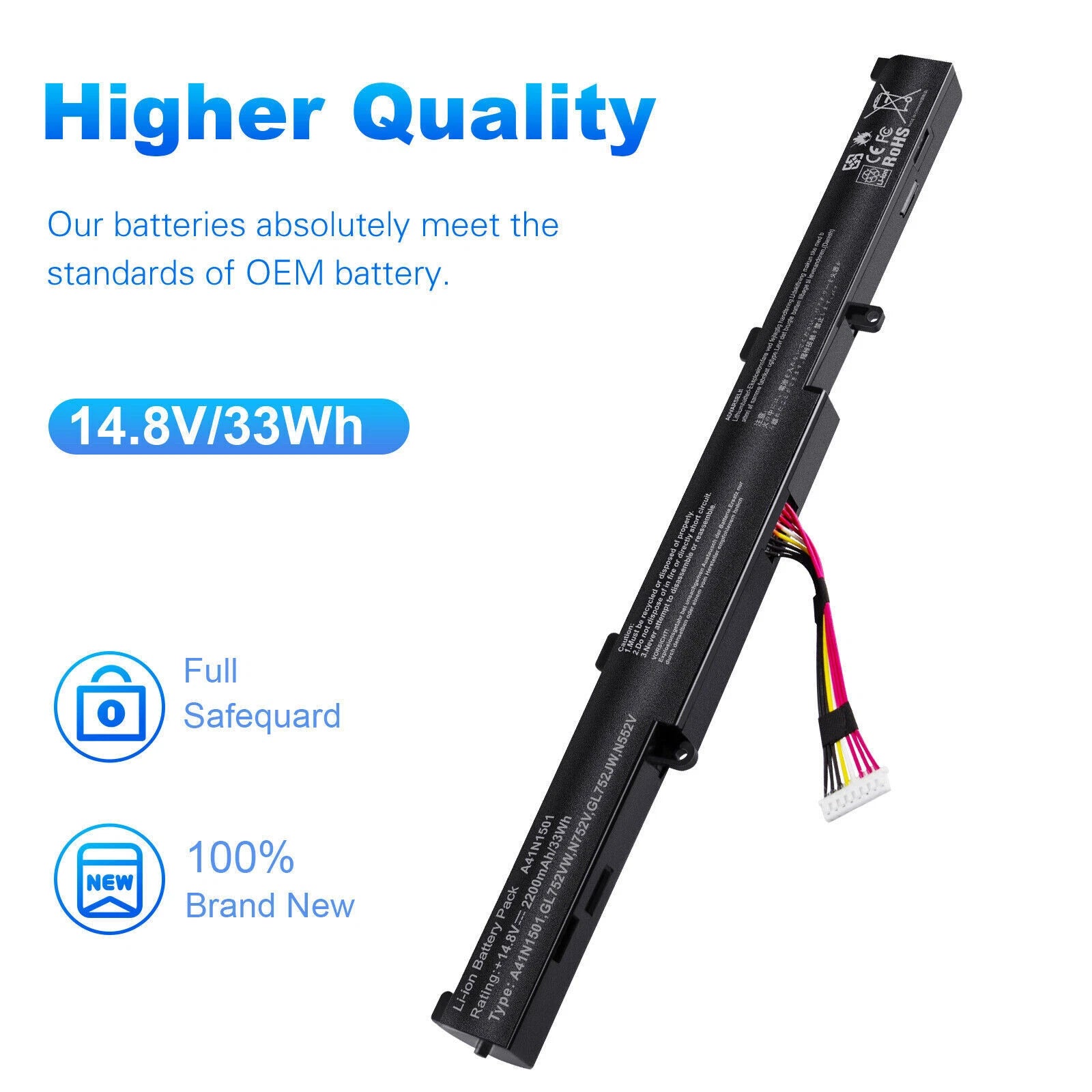 100% New 33Wh A41N1501 Battery For ASUS ROG GL752VW G752VW N552V N552VX A41LK9H