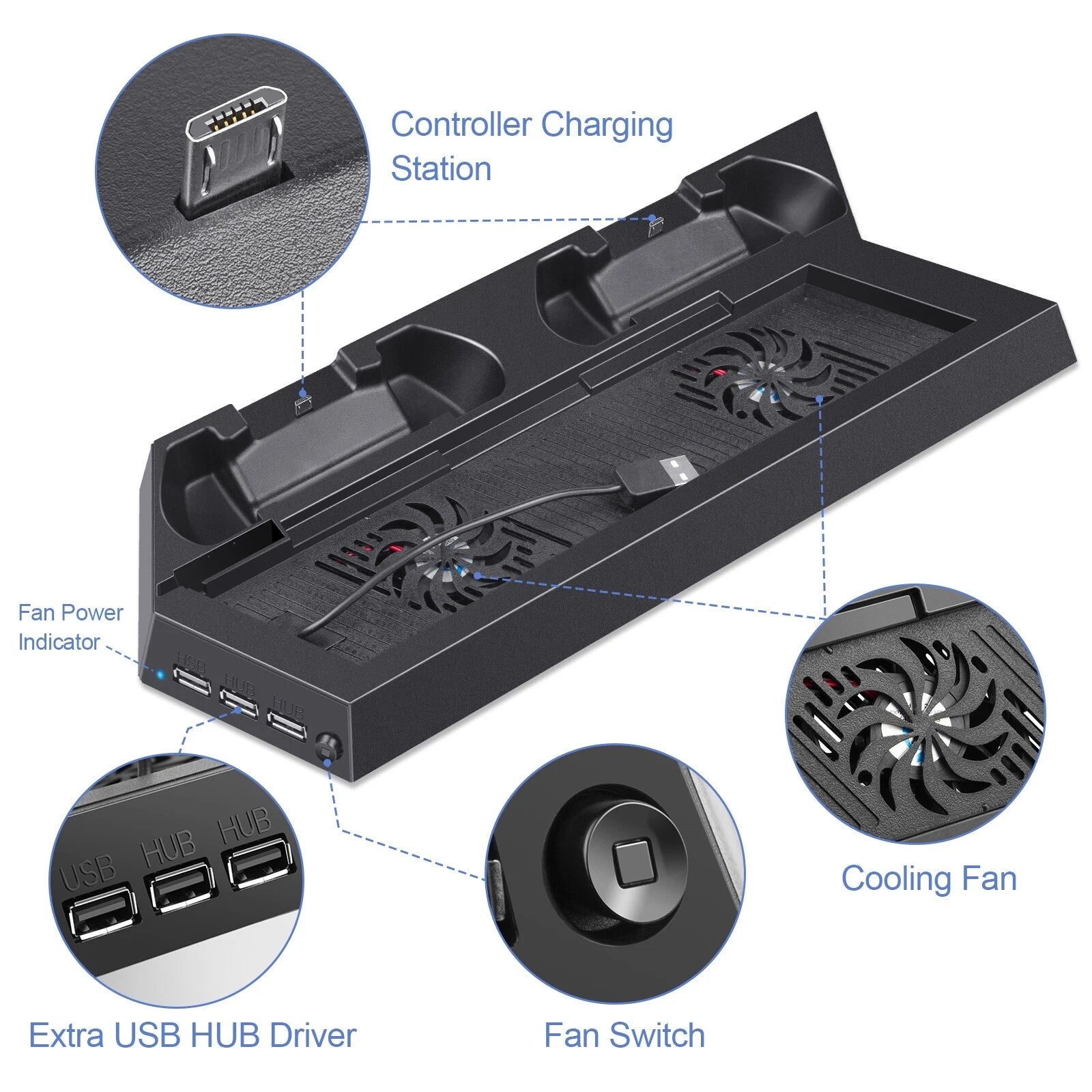 Cooling Fan Station For PS4 Vertical Stand Controller Charger Dock PlayStation 4
