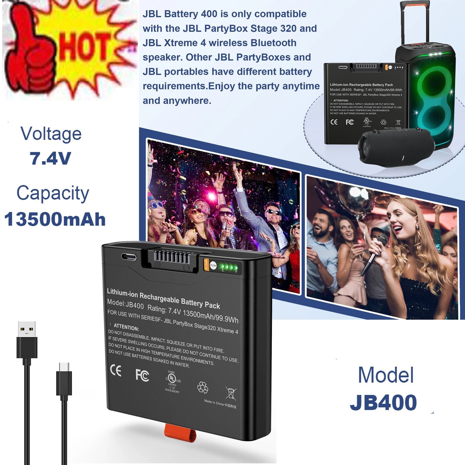 ?Battery 400 For JBL PartyBox Stage 320 & Xtreme 4+Type-C Charging High Capacity