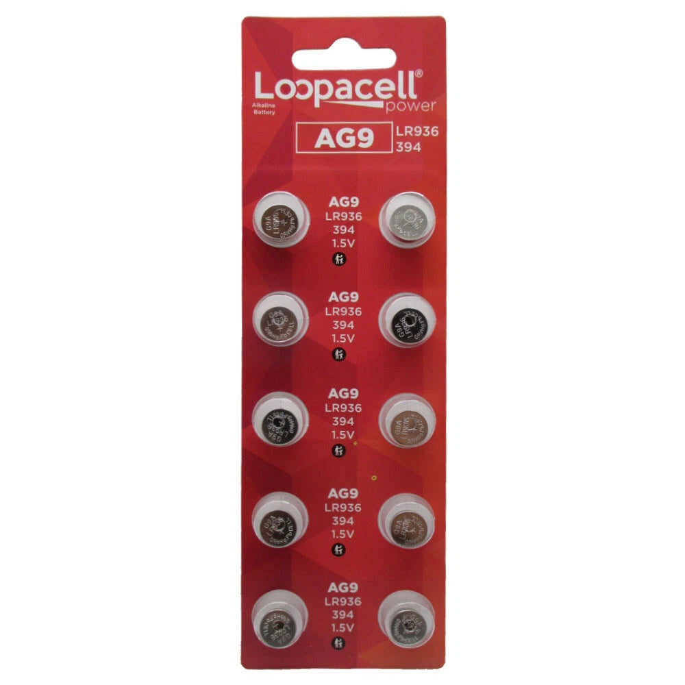 10 Pk Loopacell AG9 394 D394 GP94 L936 LR45 Alkaline Button Cell Batteries