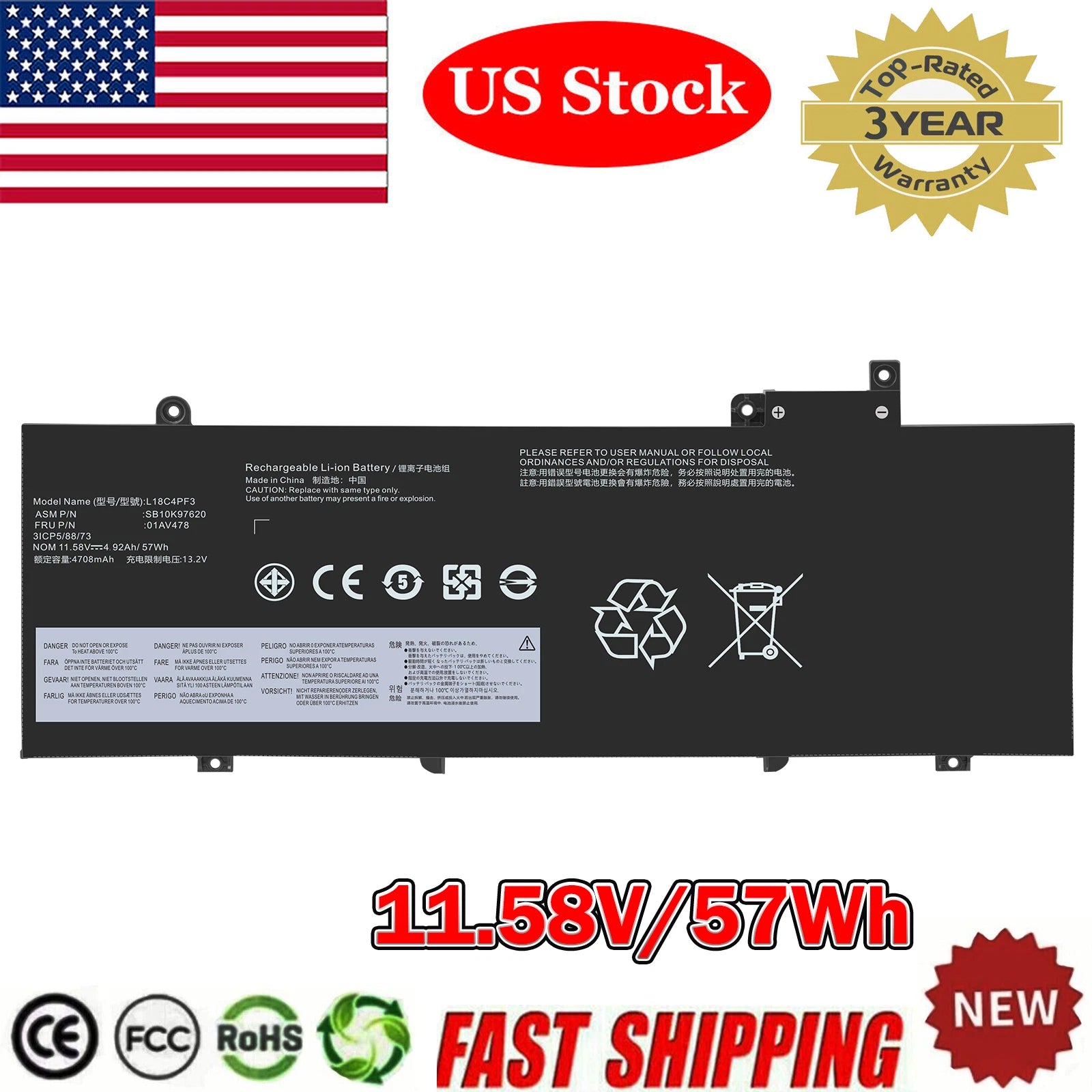 L17L3P71 01AV478 BATTERY FOR LENOVO ThinkPad T480S Series L17M3P71 01AV479 57Wh
