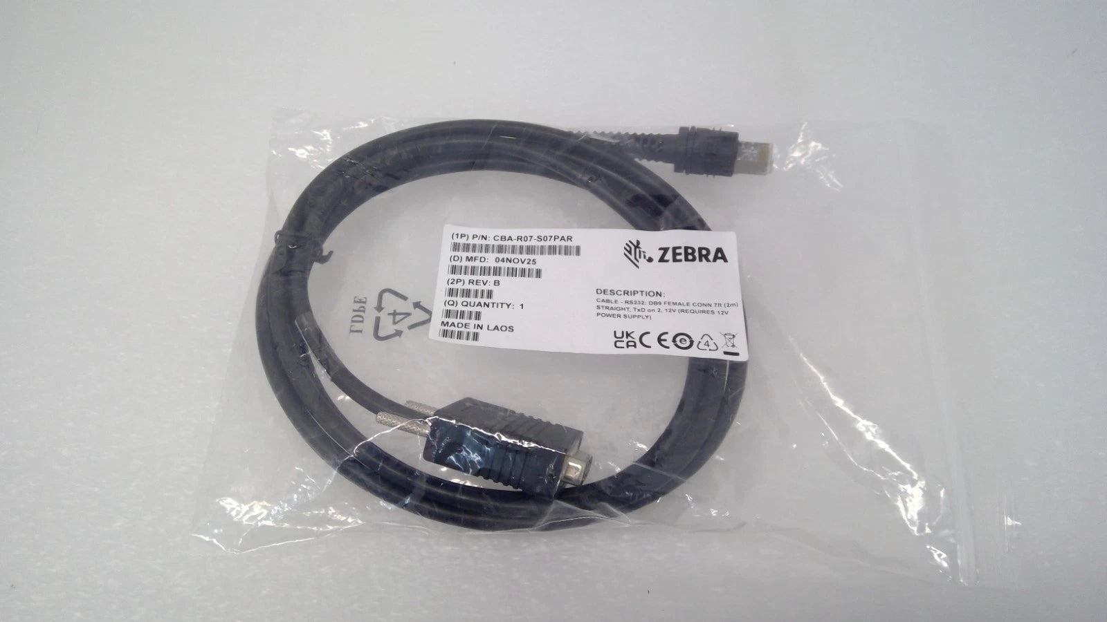 NEW Zebra CBA-R07-S07PAR RS232 DB9 Female 7ft 12V Straight Scanner Cable