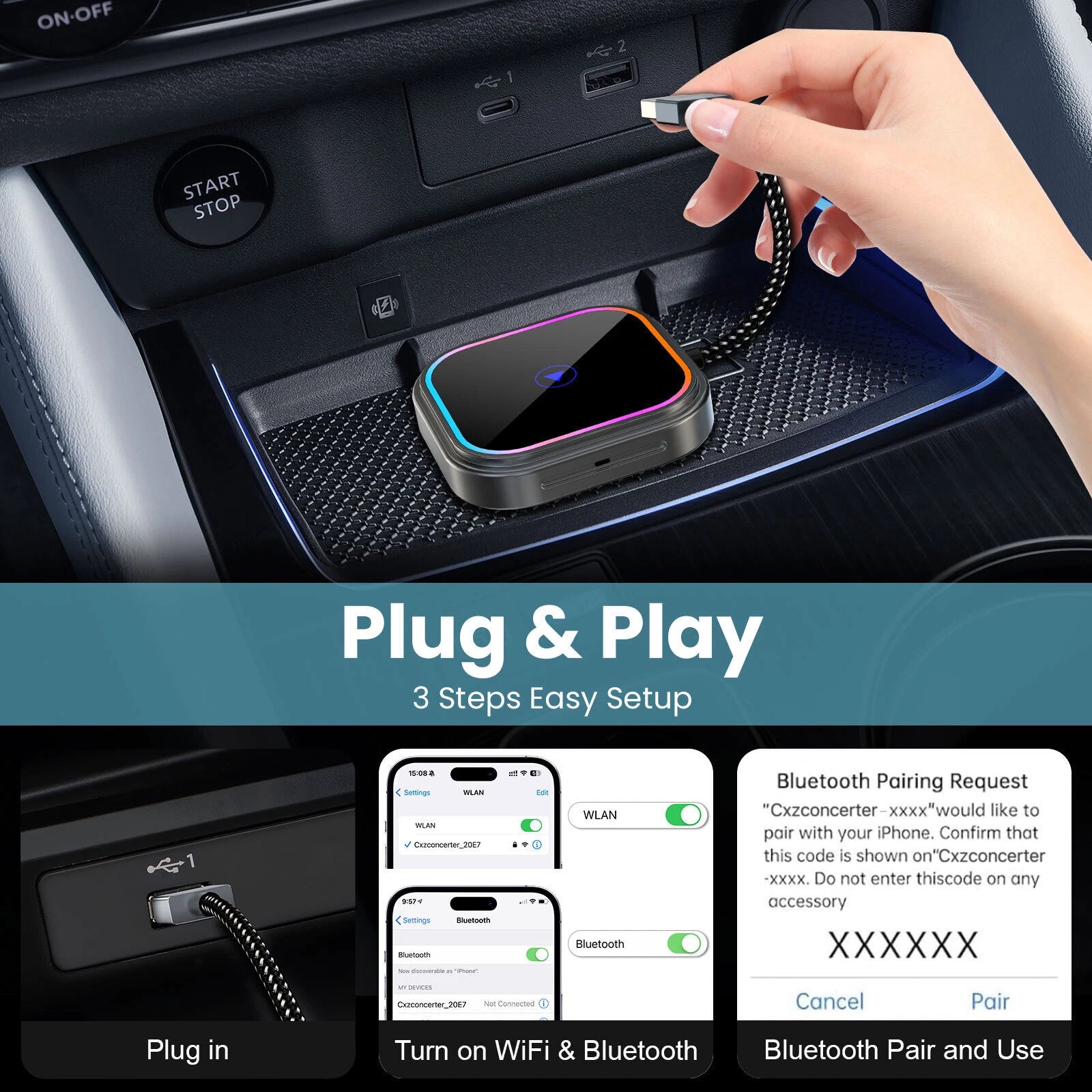 5.0 Wireless Adapter 2 in 1 For Apple CarPlay Android Auto Multimedia Video Play