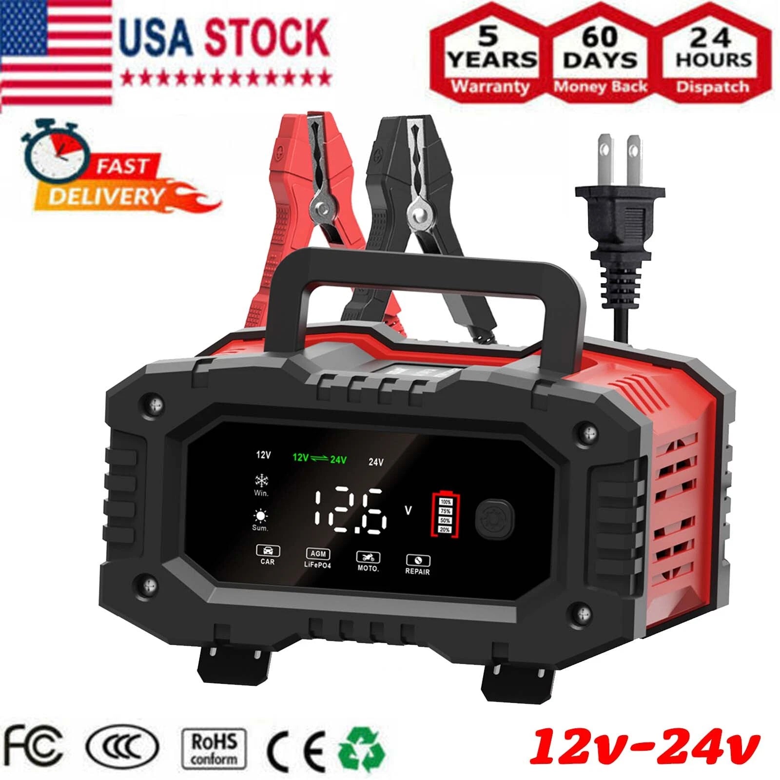 20Amp 12V/24V Car Battery Charger Lithium Lead-Acid AGM/Gel/SLA LiFePO4 Battery