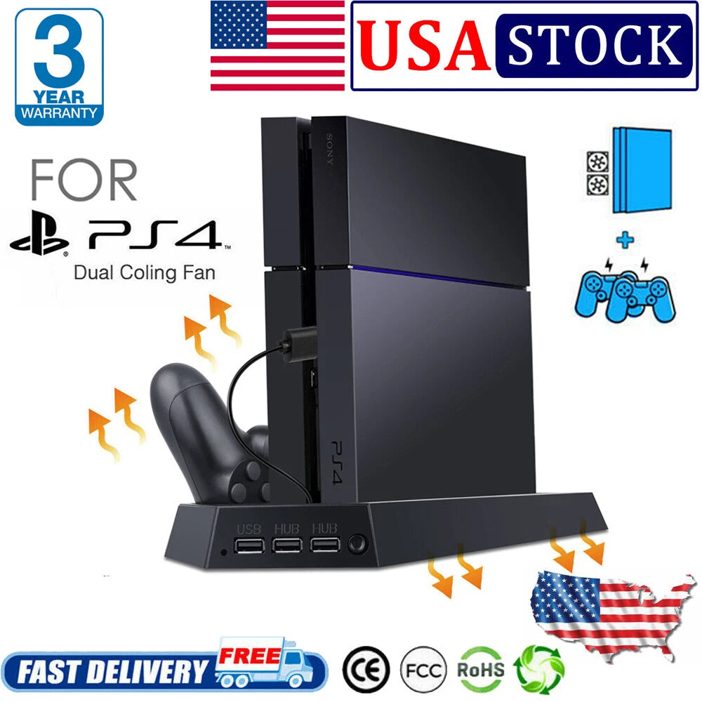 Vertical Stand Cooling Fan for Sony PS4 PlayStation 4 + Controller Charging Dock