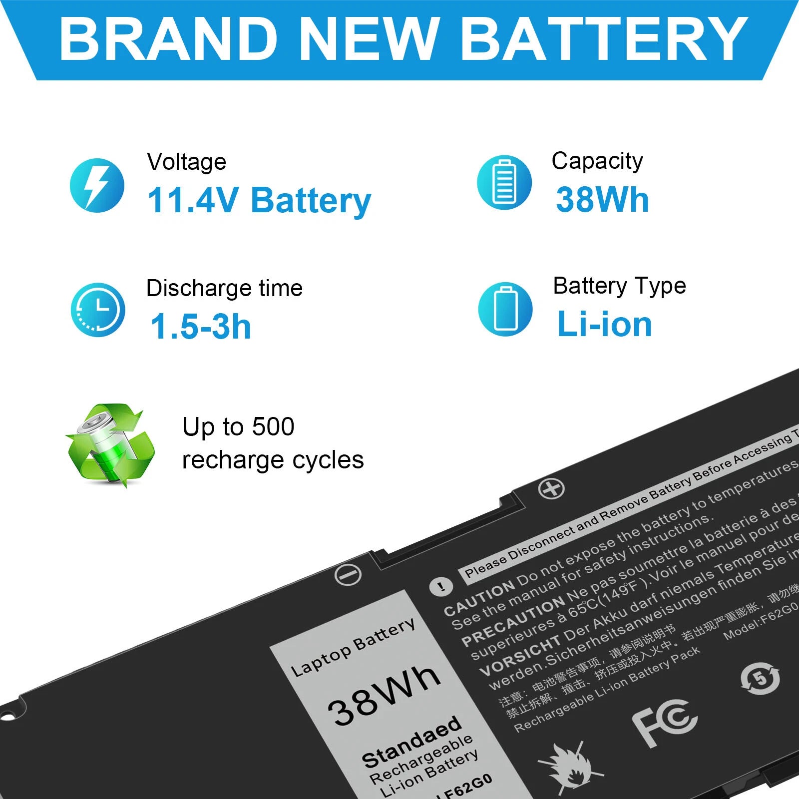 F62G0 Battery for Dell Inspiron 13 5370 7370 7373 7386 Series 39DY5 039DY5 NEW
