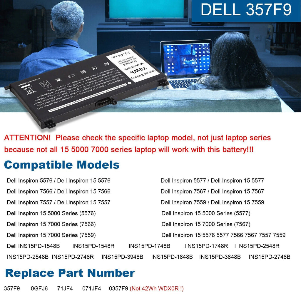 ?357F9 Battery for Dell Inspiron 15 Gaming 5576 5577 7557 7559 7566 7567 0GFJ6