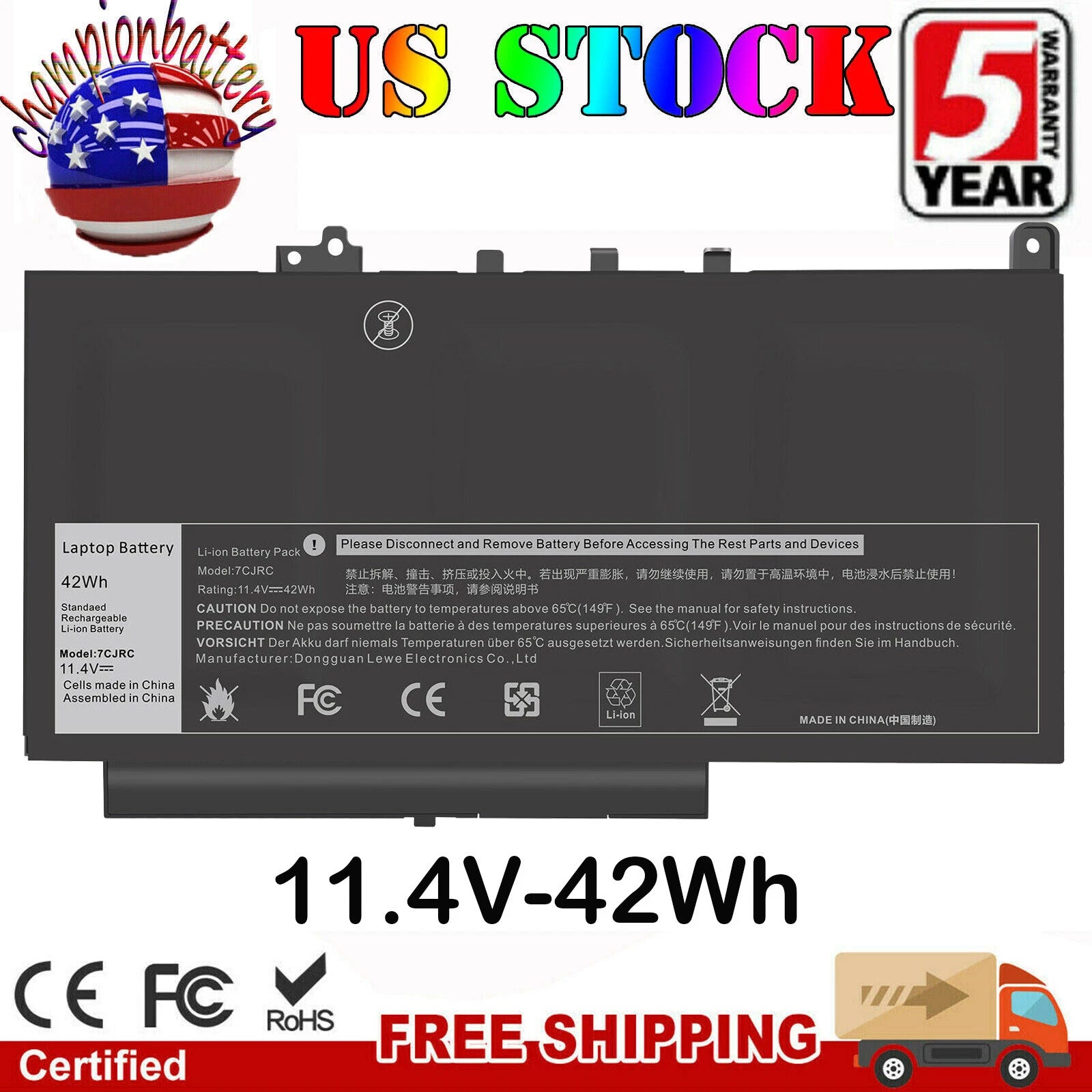 42Wh 7CJRC Battery For Dell Latitude 12 E7270 E7470 V6VMN 0KNM09 021X15 0TX283