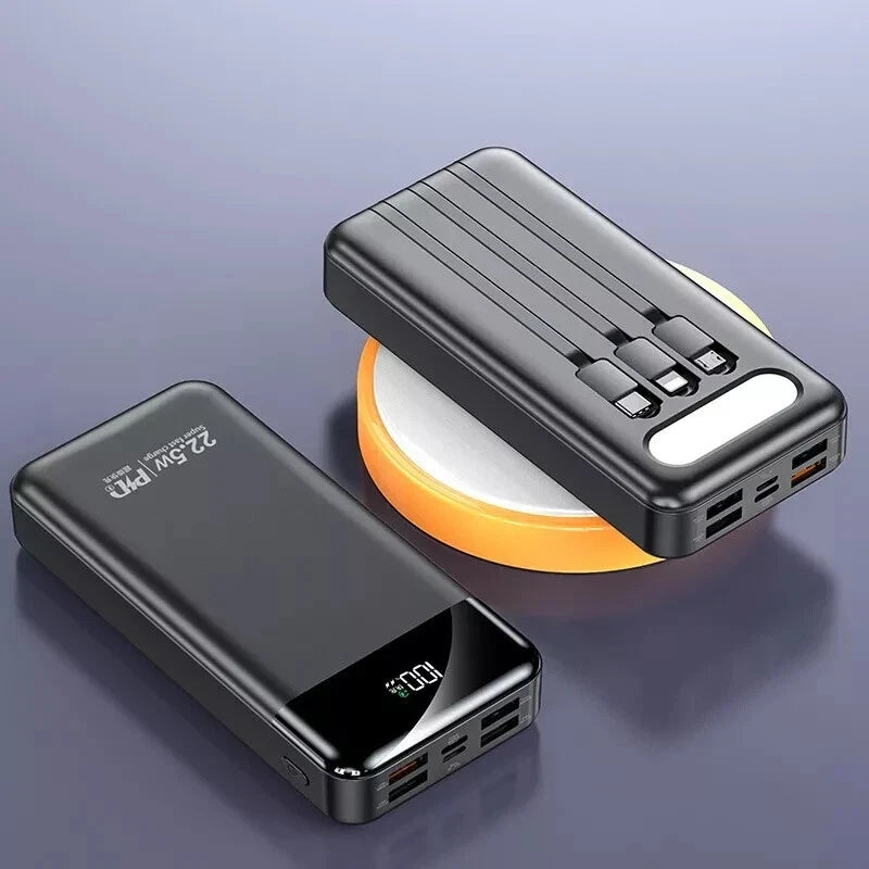 Portable Power Bank 20000mAh Fast Charging Battery with 3 Built in Cables Black