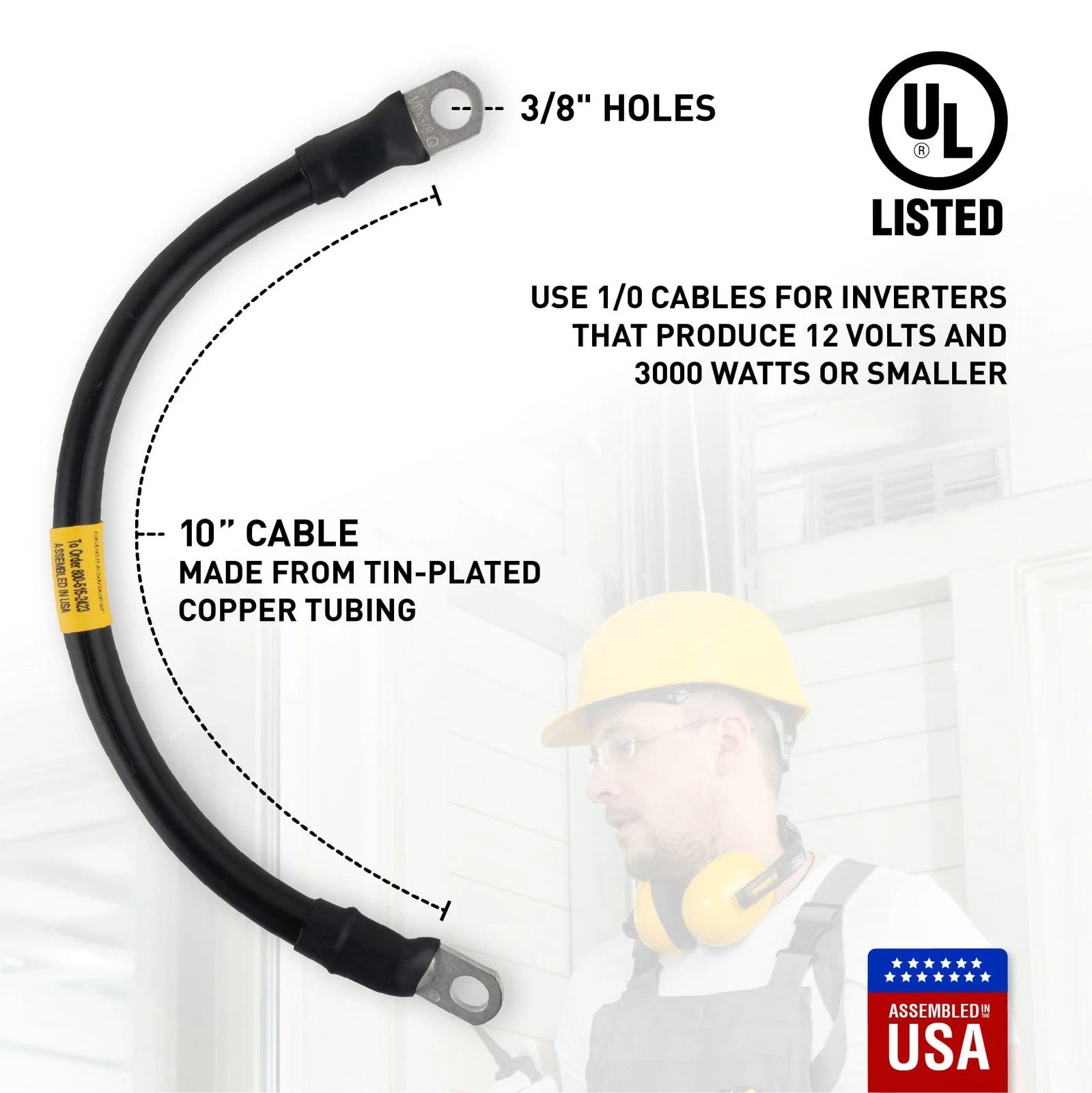 1/0 Black Battery Interconnect Cable 10" with 3/8" Lugs ASSEMBLED IN USA