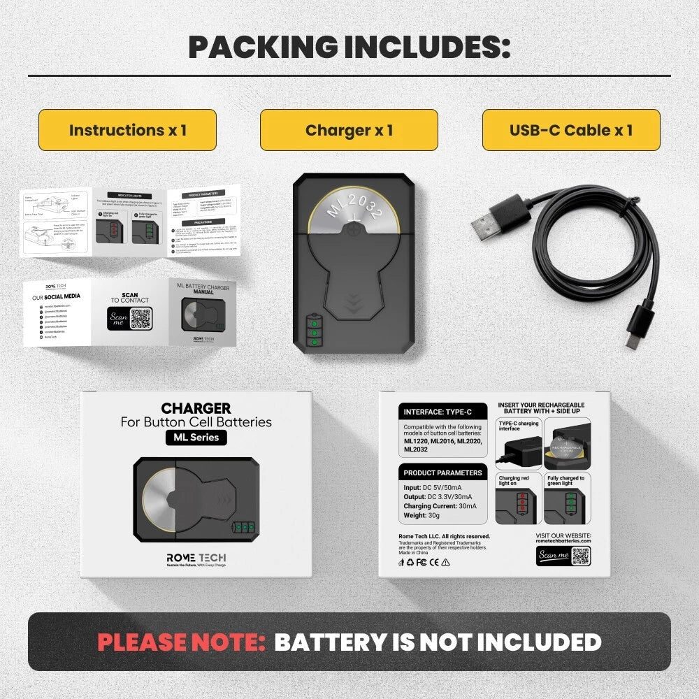 For Coin Cells Battery ML1220 ML2016 ML2020 ML2032 USB C Battery Charger