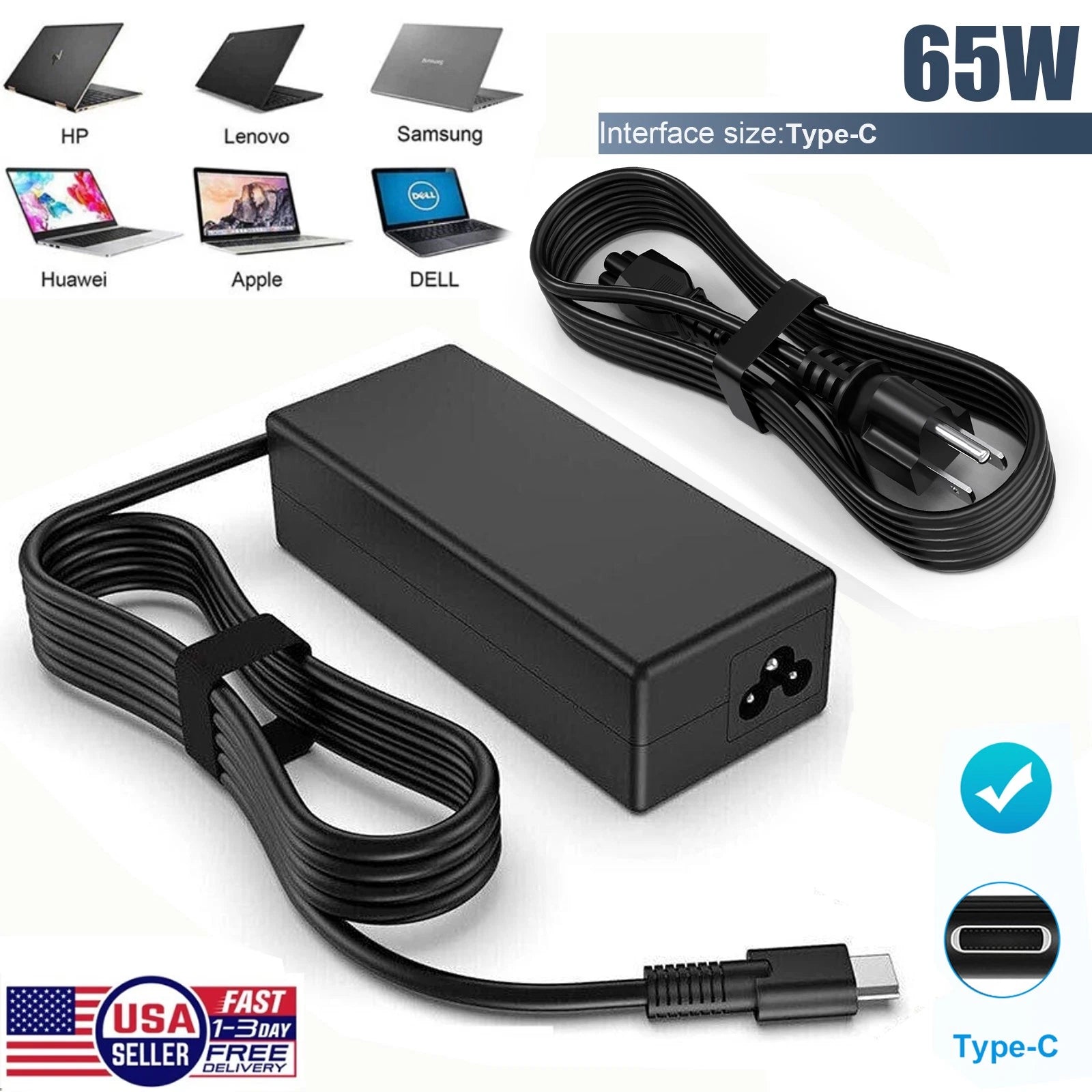Slim 65W Adapter Charger USB C For HP Elitebook x360, Pavilion Envy Elite x2 US