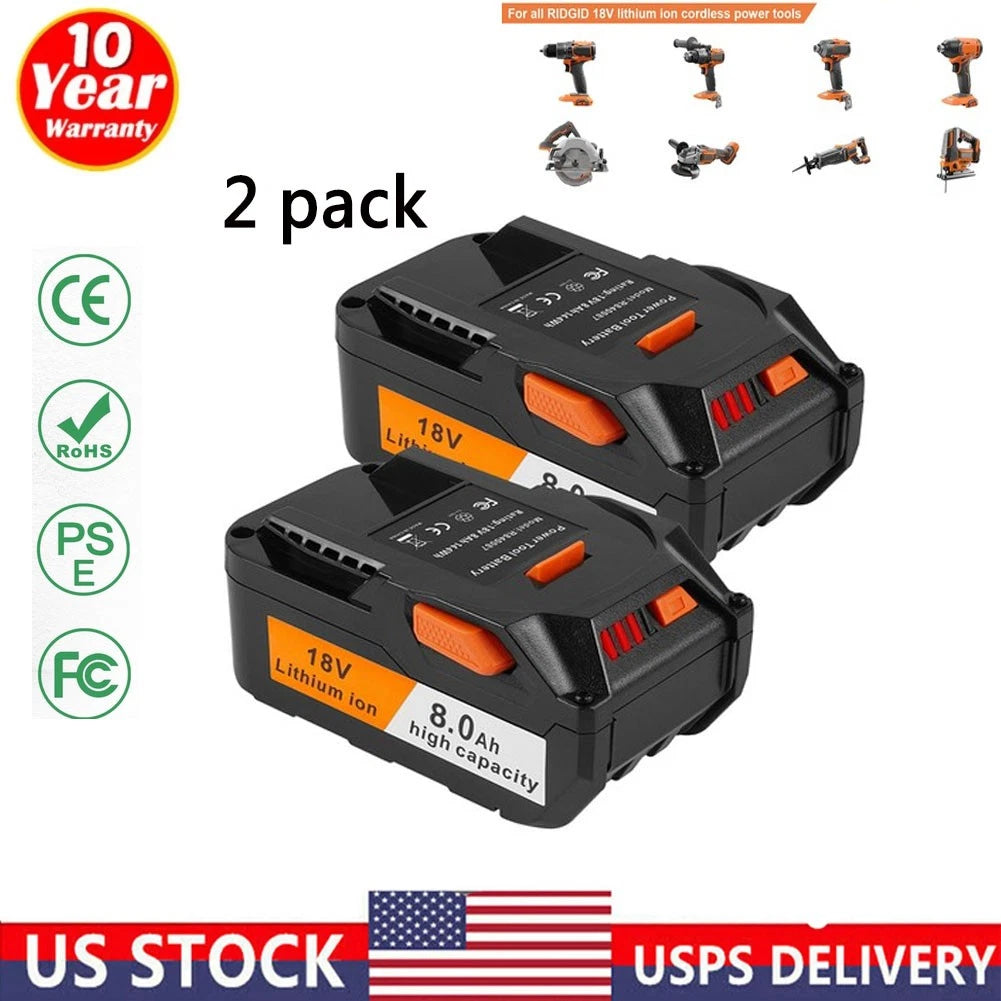 2PACK 8.0AH Battery Li-ion For Ridgid 18V R840087 R840083 R840085 840086 R840089
