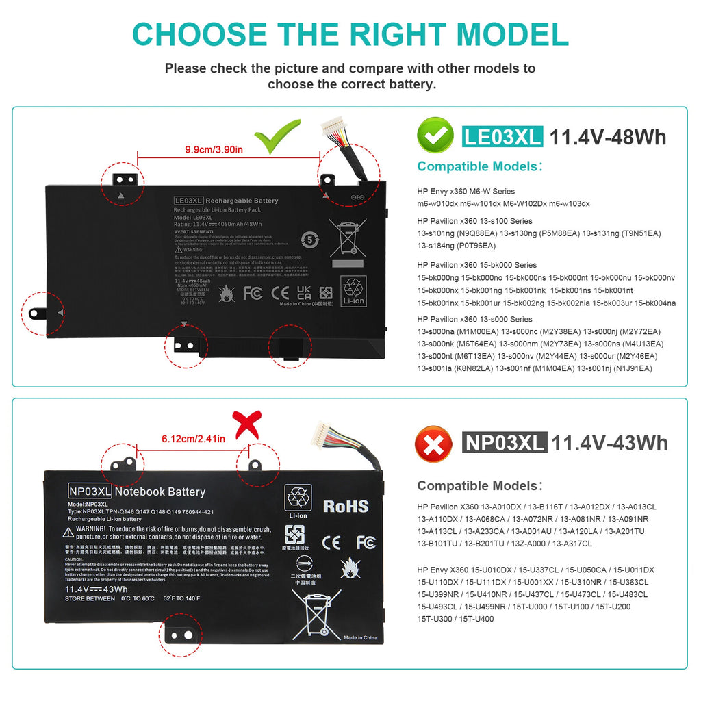 LE03XL Battery For HP Pavilion x360 15-bk000 13-s000 HSTNN-PB6M 796356-005 48Wh