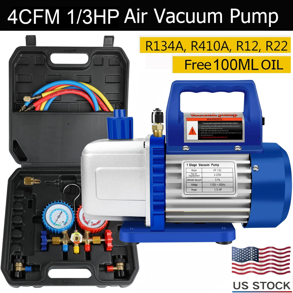AC Manifold Gauge set Combo 4 CFM 1/3HP Air Vacuum Pump HVAC + R134A Kit AC A/C