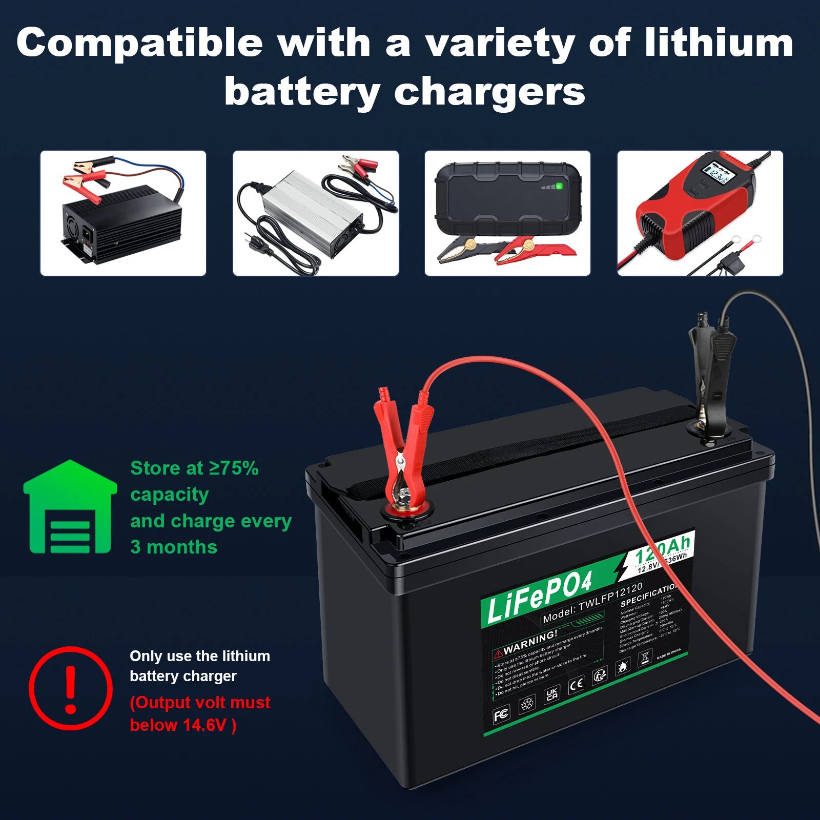 12V 120Ah LiFePO4 Lithium Battery BMS Deep Cycle 20A 24V Smart Battery Charger
