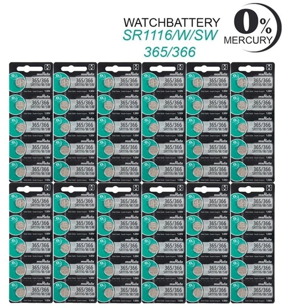 Murata 365 Button Cell Silver Oxide SR1116W Watch Battery Pack of 60 Batteries